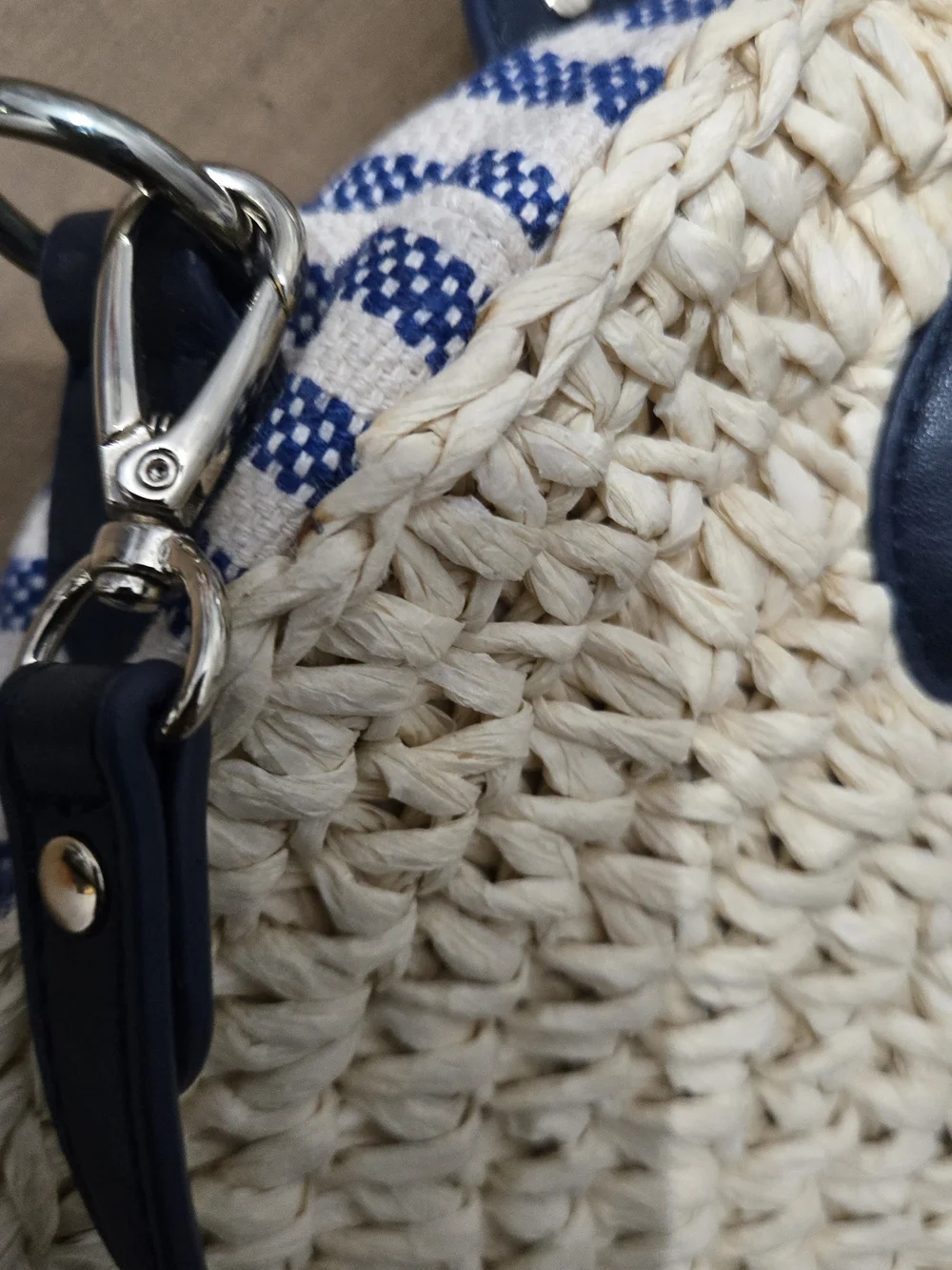 Talbots Round Straw Crossbody with Navy Trim and Handles